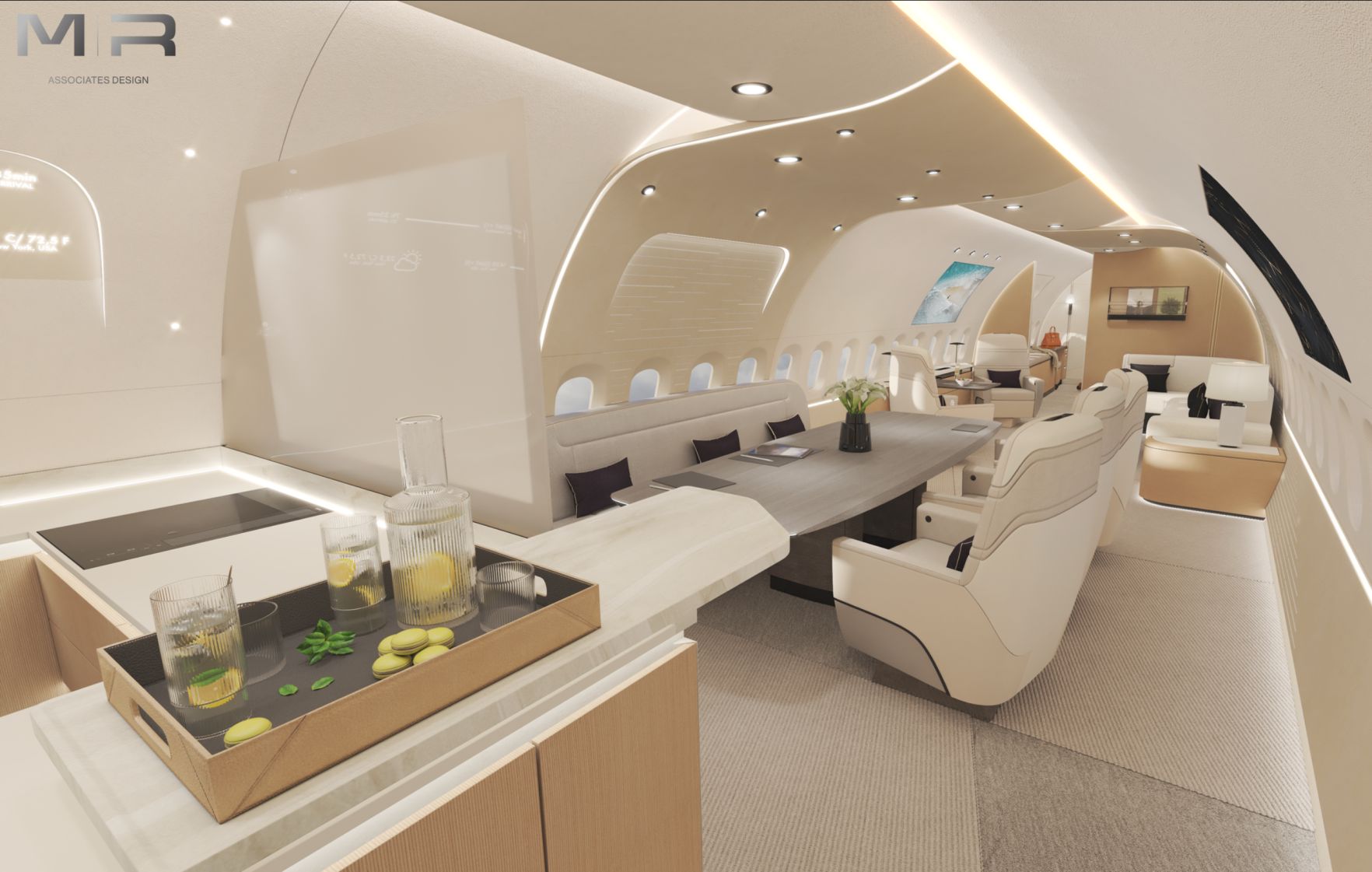 Interior Design of a dining room in a private boeing business jet