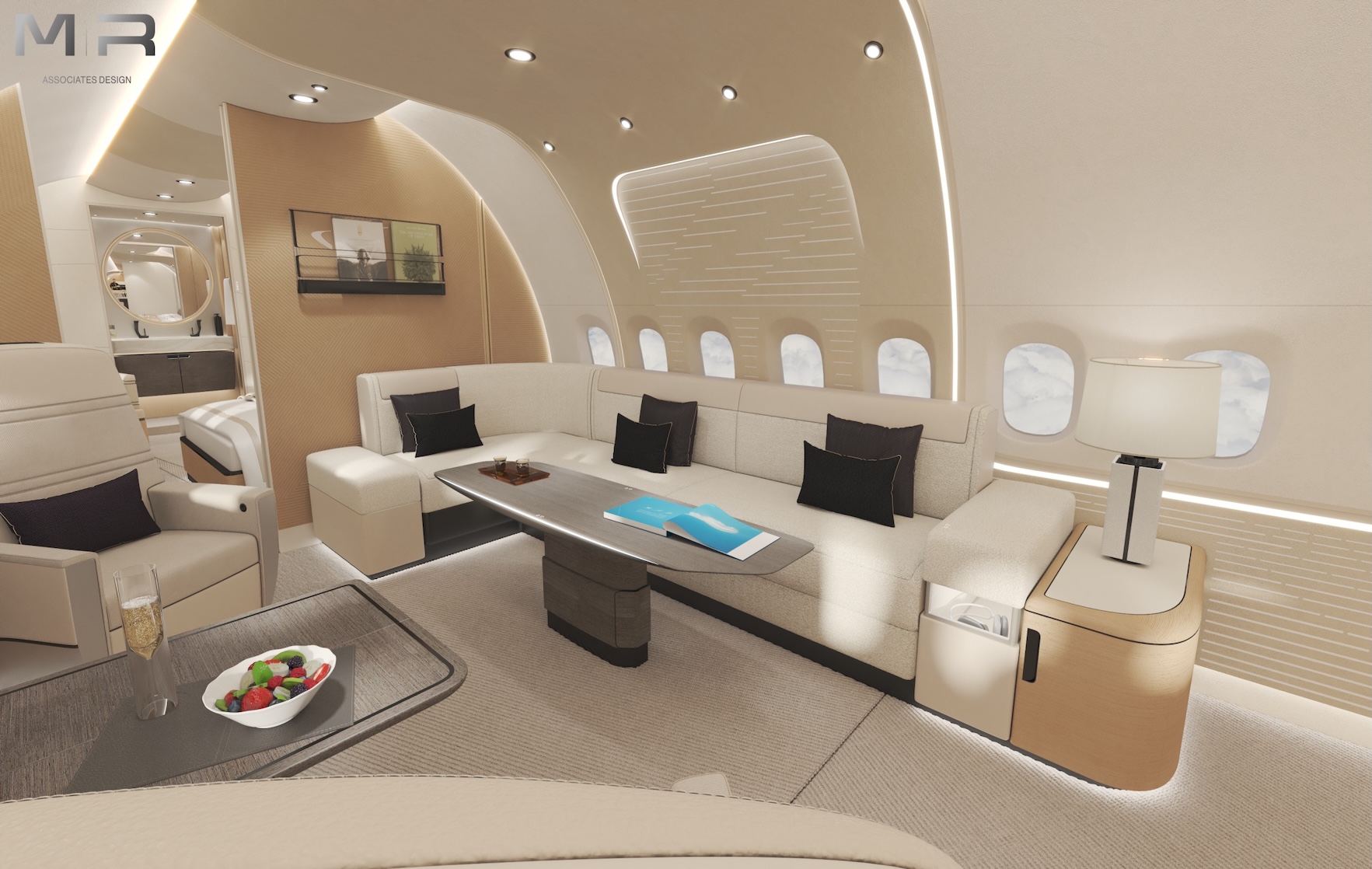 Interior Design of a lounge in a private boeing business jet