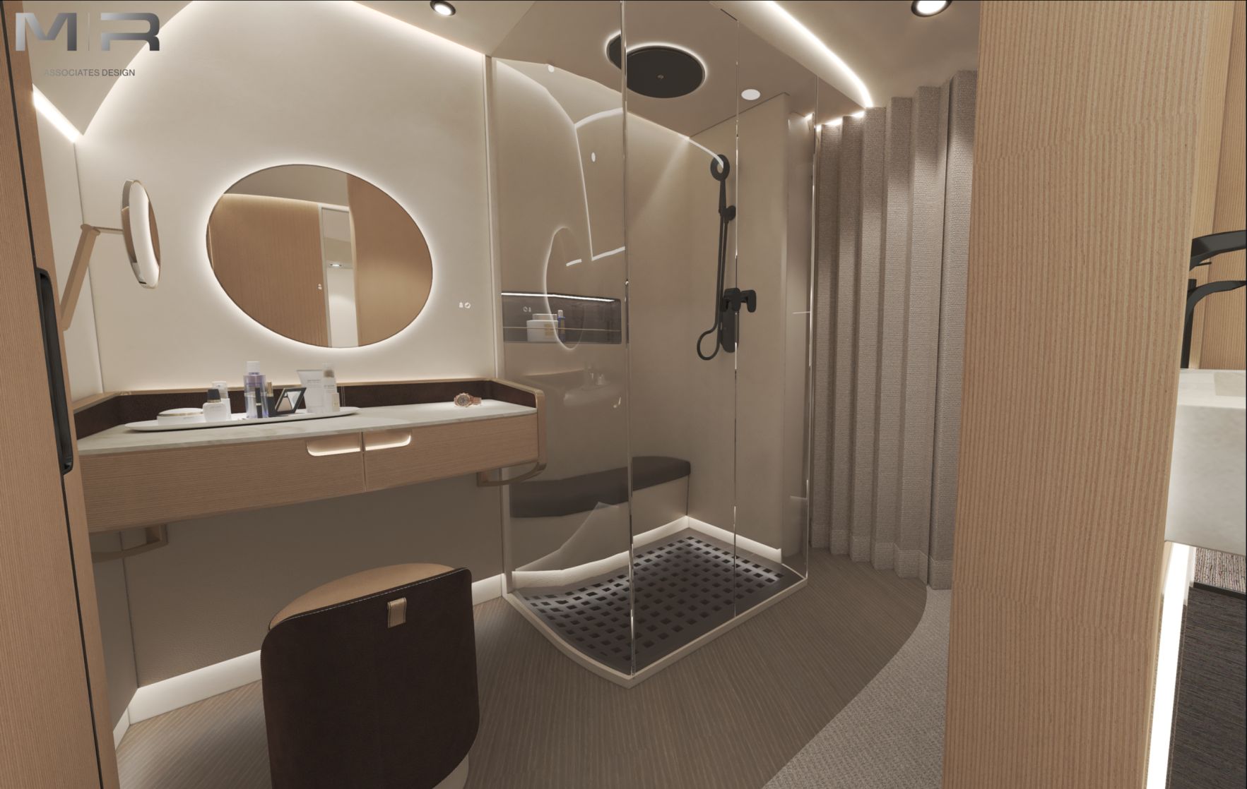 Interior Design of a bathroom with a shower in a private boeing business jet