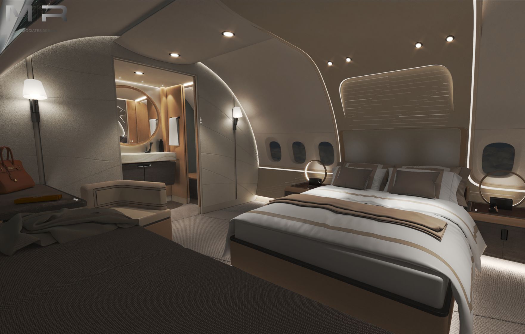 Interior Design of a bedroom with a double bed in a private boeing business jet