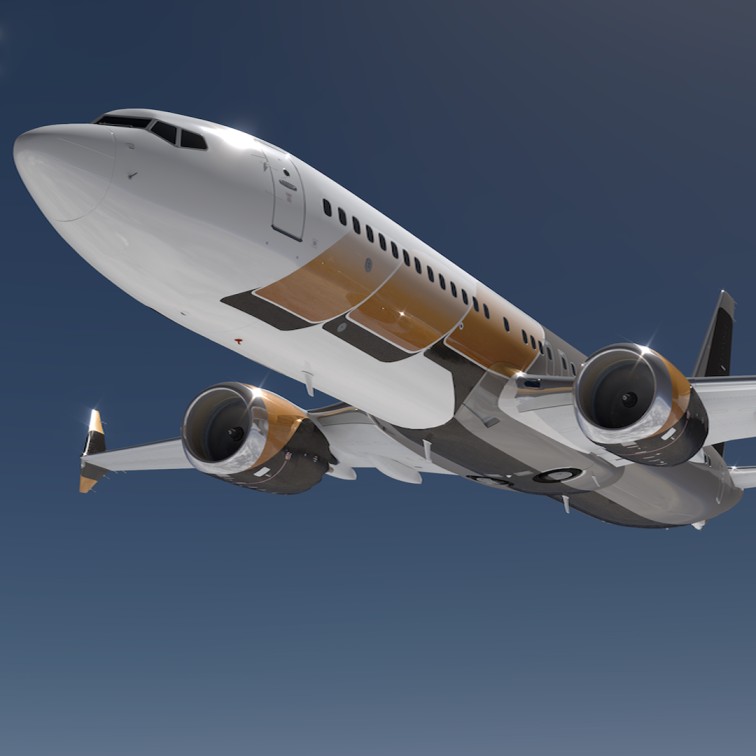 Render of a Private boeing business jet MAX 8 flying in the sky