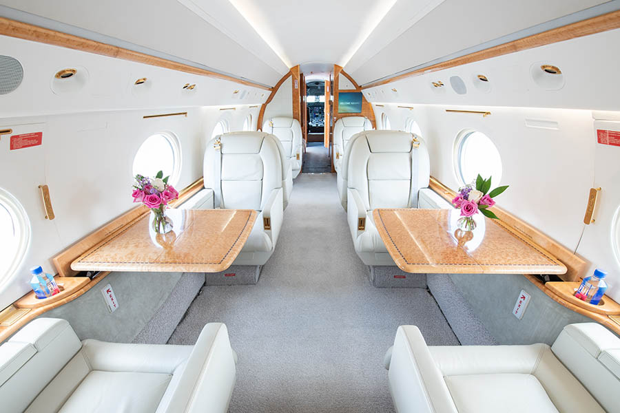 The Gulfstream V, developed by Gulfstream Aerospace, is a spacious, long-range business jet that evolved from the earlier Gulfstream IV model.